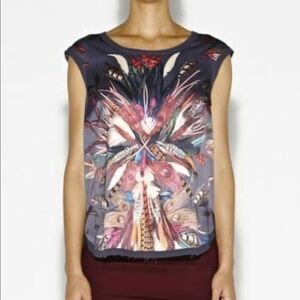 Nicole Miller Artelier Shake Ya Tail Feather Silk Top.